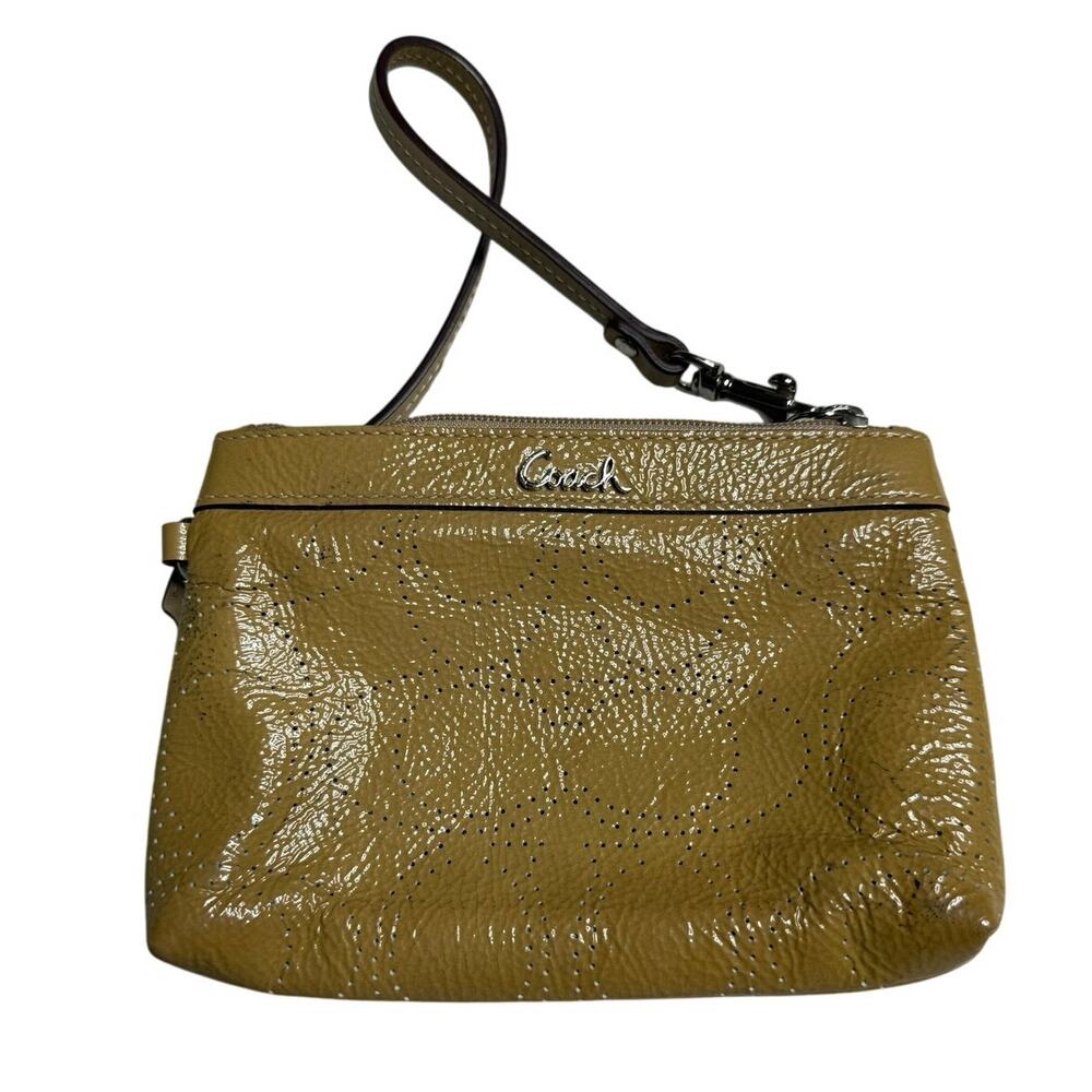 Coach Wristlet Caramel Tan Perforated Logo Signature Leather